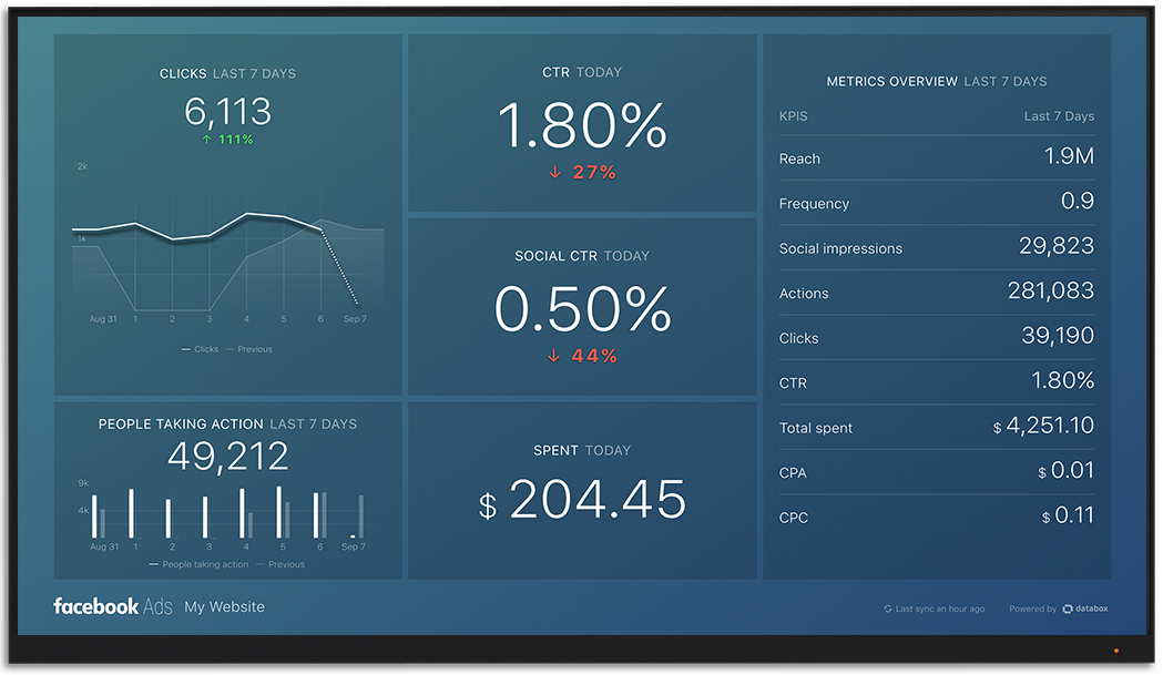 FbAds指标和KPI仪表板Databox大屏幕上可视化beplay体育appios